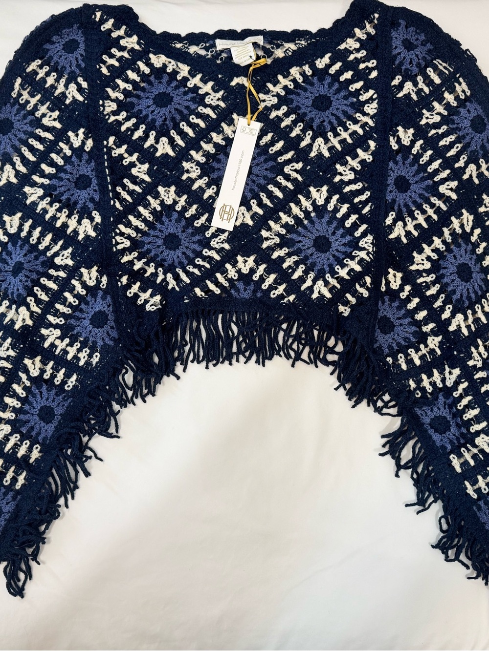 House of Harlow 1960 Navy and White Crochet Fringe Poncho One Size